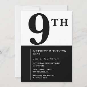 Convite de aniversário de 9 anos elegante Preto Ch