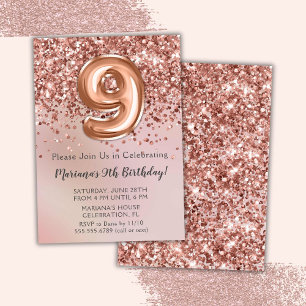 Convite de Aniversário de 9 Anos Elegante Rosa Dou