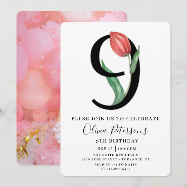Convite de Aniversário de 9 anos Floral Com Foto P (Frente/Verso)