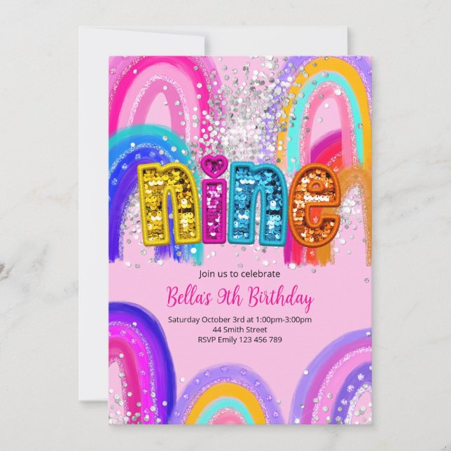 Convite de Aniversário de 9 anos para Meninas (Frente)