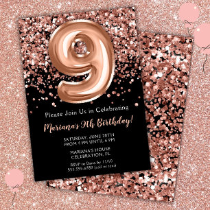 Convite de Aniversário de 9 Anos Preto Rosa Dourad