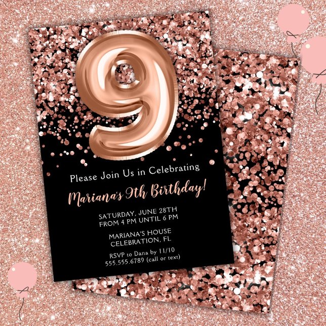 Convite de Aniversário de 9 Anos Preto Rosa Dourad (Criador carregado)