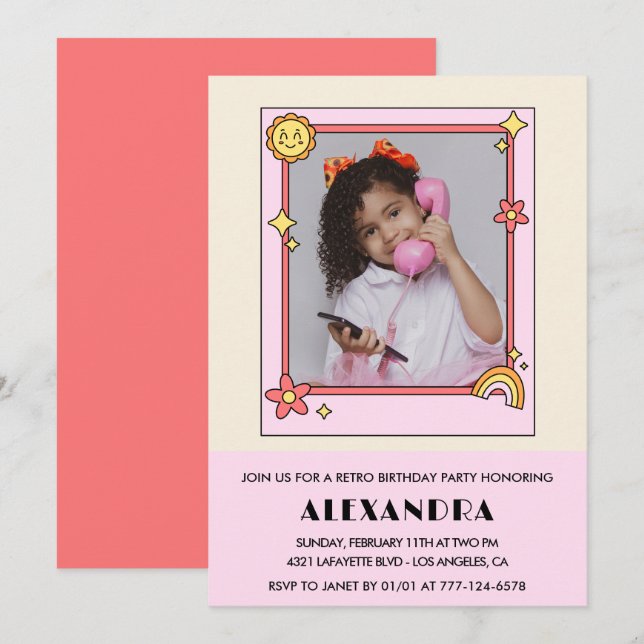 Convite de aniversário de 9 anos Retro Groovy Flor (Frente/Verso)