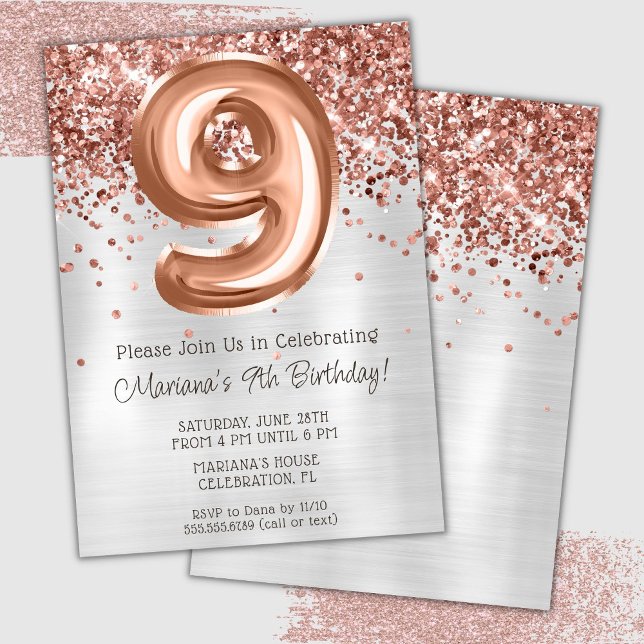 Convite de Aniversário de 9 Anos Rose Gold Prata (Criador carregado)