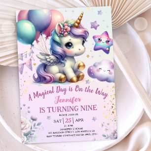 Convite de Aniversário de 9 anos Unicórnio Menina