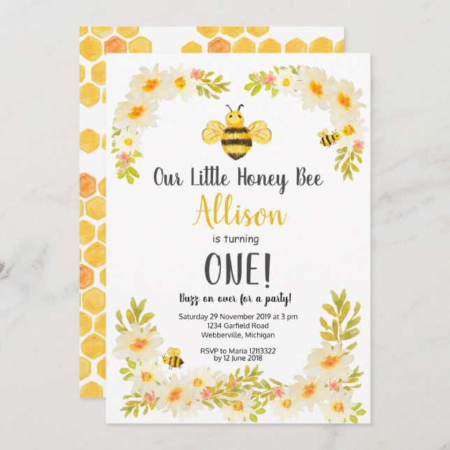 Convite De Aniversário De Abelhas Florais (Frente/Verso)