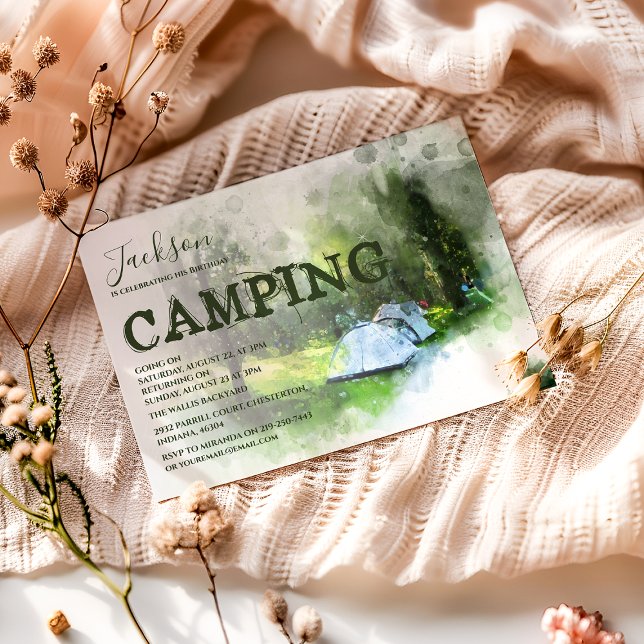 Convite de Aniversário de Acampamento com Aquarela (Criador carregado)