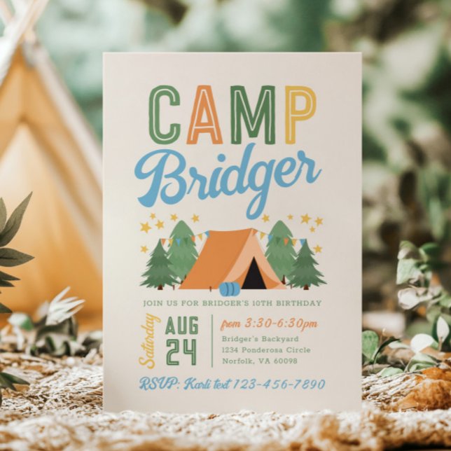 Convite de Aniversário de Acampamento para Menino (Criador carregado)