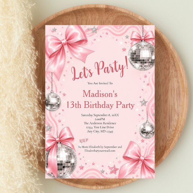 Convite de Aniversário de Adolescente com Laço Pin (Pink Coquette Bow Disco Ball Teen Girls Birthday party invitation. Printed or Digital)