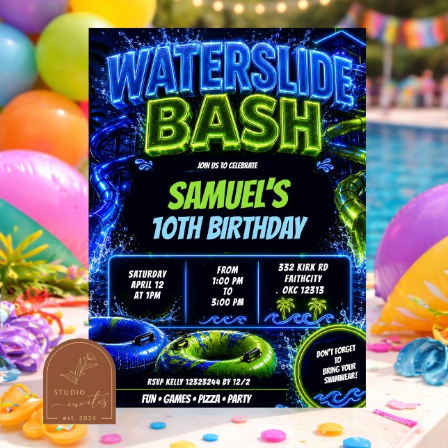 Convite de Aniversário de Adolescente Neon Watersl (Criador carregado)