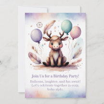 Convite de aniversário de adorável filhote de alce
