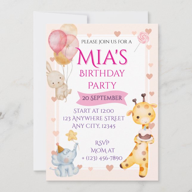Convite de Aniversário de Animais Bebês em Aquarel (Frente)