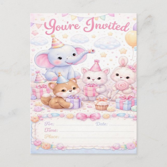 Convite de Aniversário de Animais Bebês Pastel — V (Frente)