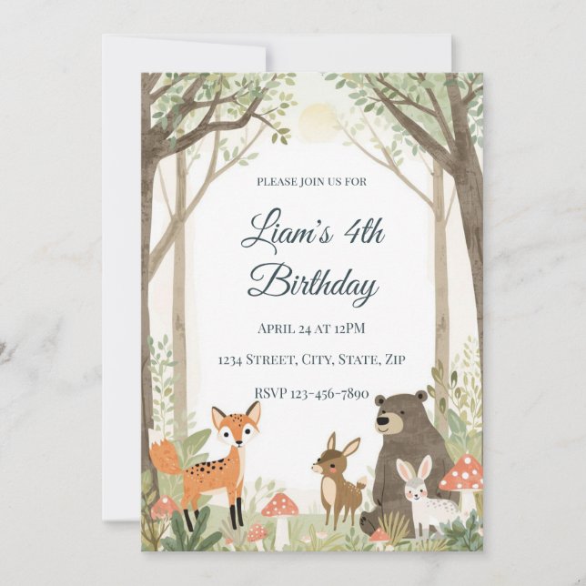 Convite de Aniversário de Animais da Floresta - Fl (Frente)
