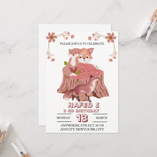Convite de Aniversário de Animais da Floresta: Flo (Frente/Verso In Situ)