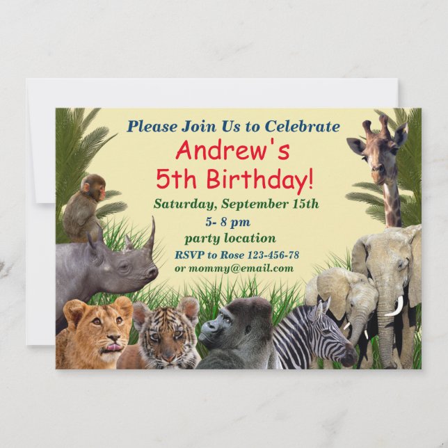 convite de aniversário de animais da savana (Frente)
