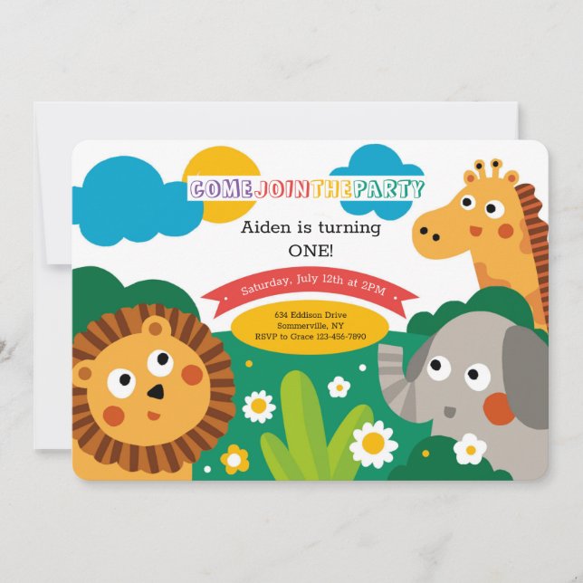 Convite de Aniversário de Animais da Selva (Frente)
