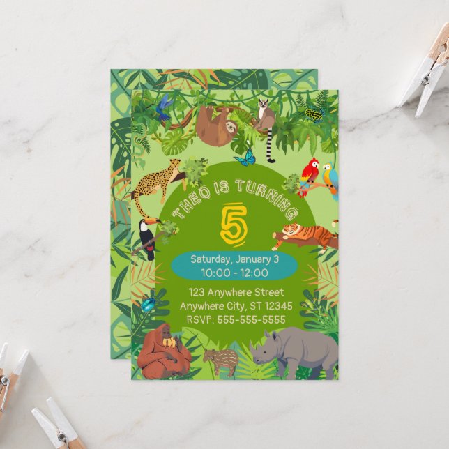 Convite de Aniversário de Animais da Selva da Flor (Frente/Verso In Situ)