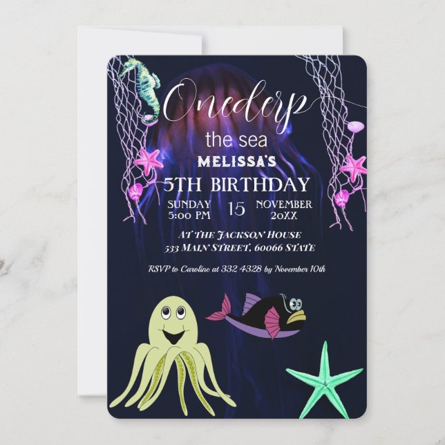 Convite de aniversário de animais do mar de aquare (Frente)