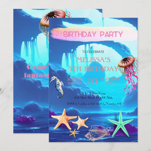 Convite de aniversário de animais do mar de aquare (Frente/Verso)