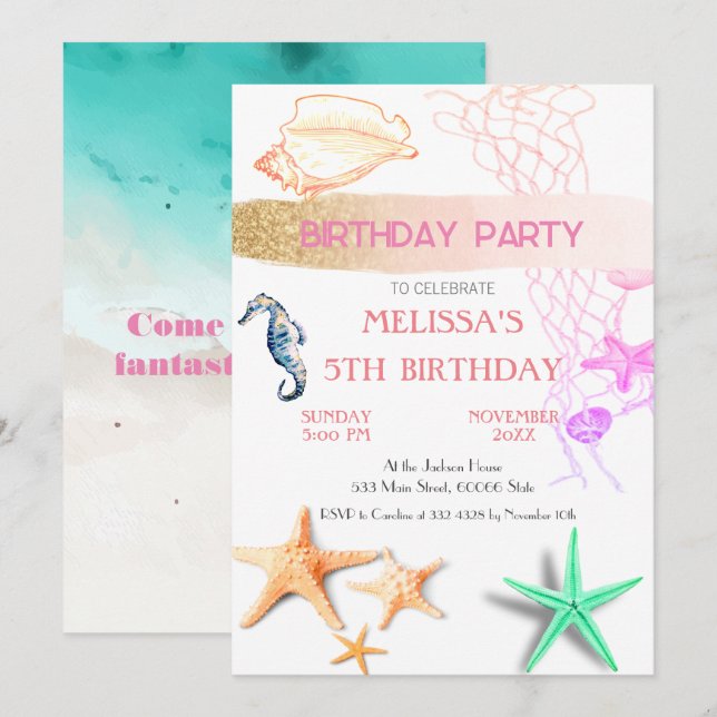 Convite de aniversário de animais do mar de aquare (Frente/Verso)