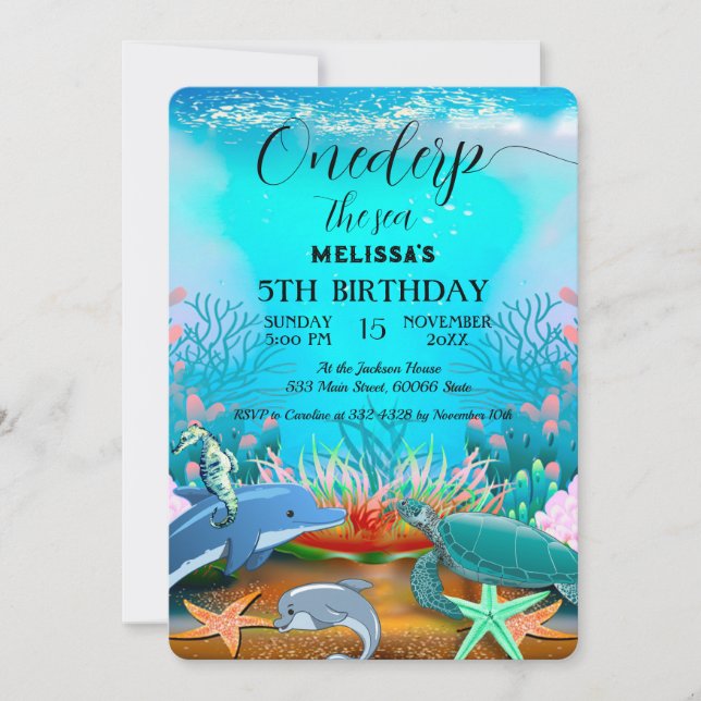 Convite de aniversário de animais do mar de aquare (Frente)