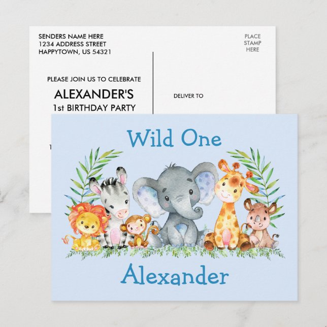 Convite de Aniversário de Animais Safari Wild One  (Frente/Verso)