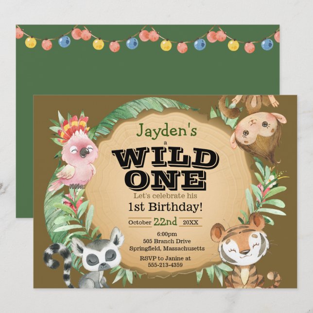 Convite de Aniversário de Animal Exótico Wild One (Frente/Verso)