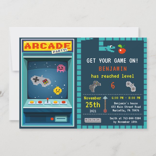 Convite de aniversário de Arcade Nível Superior (Frente)