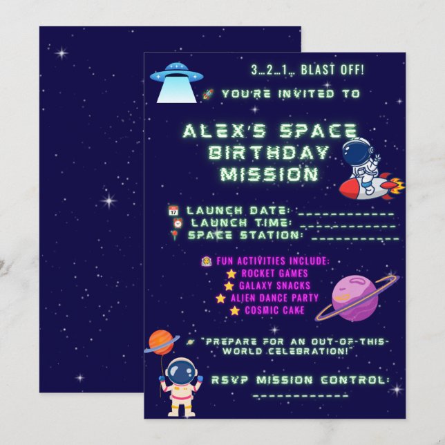 Convite de Aniversário de Astronauta – Decolagem p (Frente/Verso)