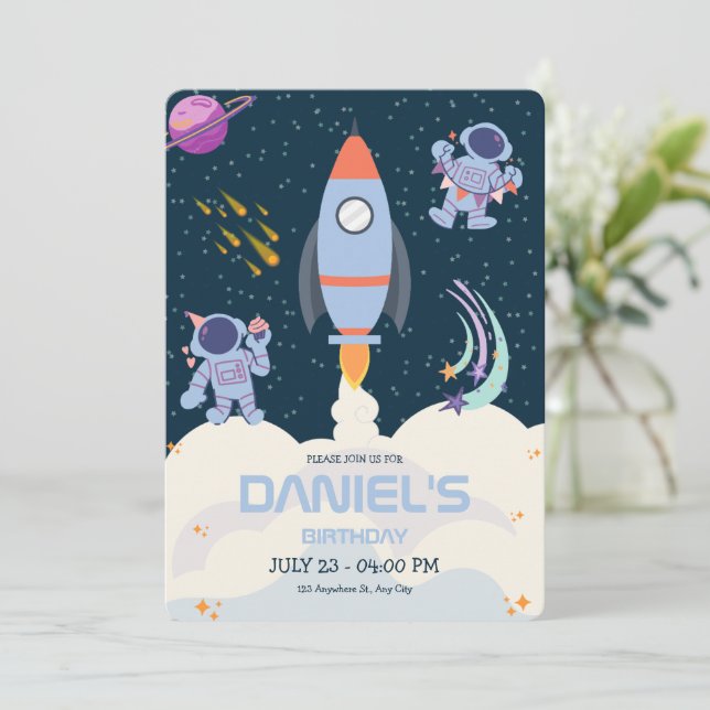 Convite de Aniversário de Astronauta no Espaço Ext (Em pé/Frente)