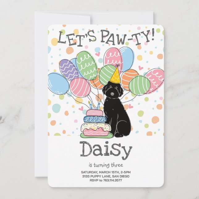 Convite de aniversário de Aussiedoodle Negro (Frente)