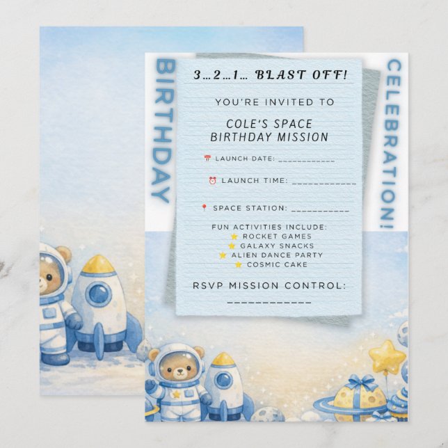 Convite de Aniversário de Aventura Espacial – Astr (Frente/Verso)