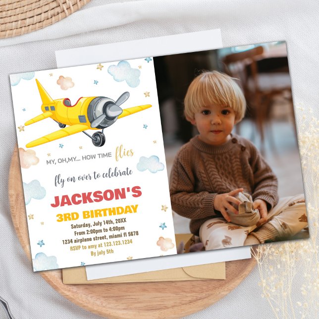 Convite de aniversário de avião Amarelo com foto (Airplane Birthday Invitations Yellow With Photo)