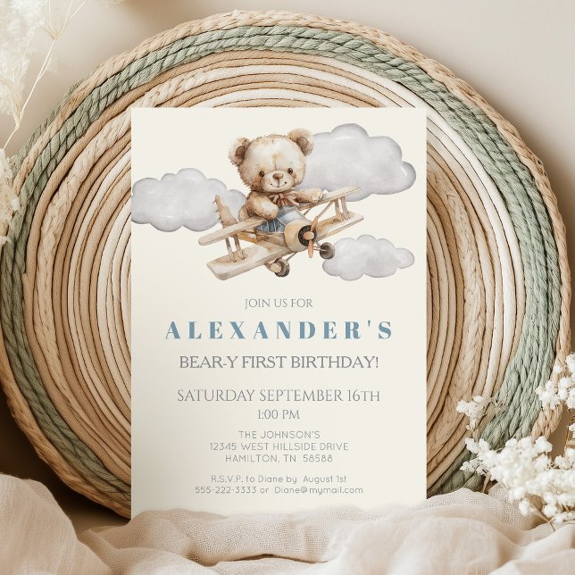 Convite de aniversário de avião Boho Teddy Bear (Vintage Airplane and Teddy Bear Bear-y First Birthday Invitation)