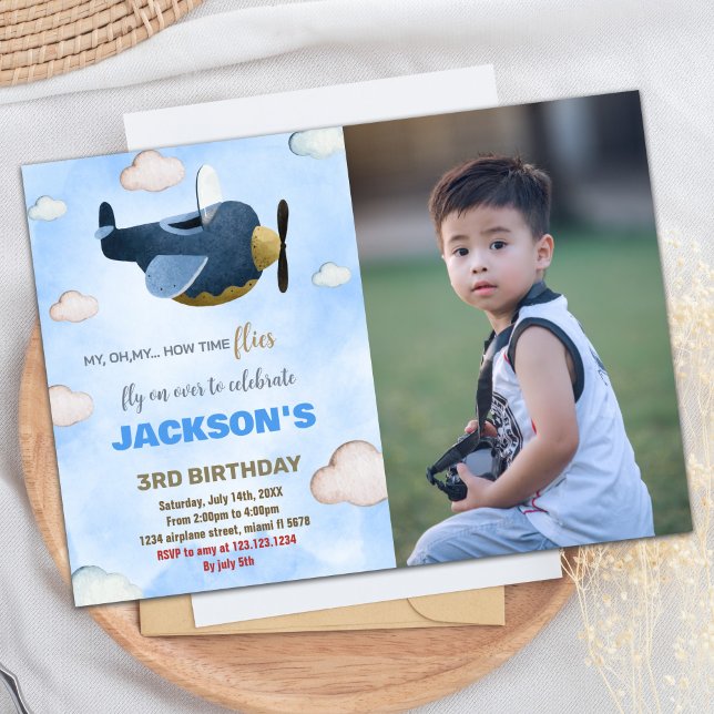 Convite de aniversário de avião com foto (Airplane Birthday Invitations with photo)