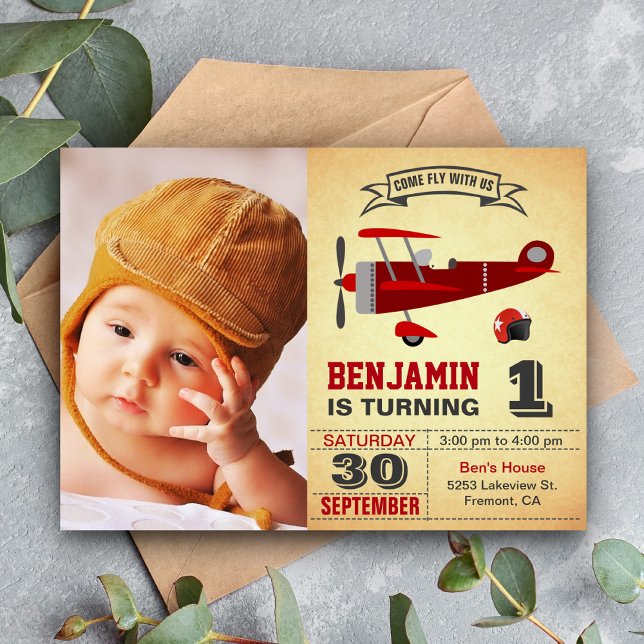Convite de Aniversário de Avião Retrô Vermelho Vin (Criador carregado)