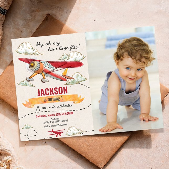 Convite de Aniversário de Avião Vintage Retro (Criador carregado)