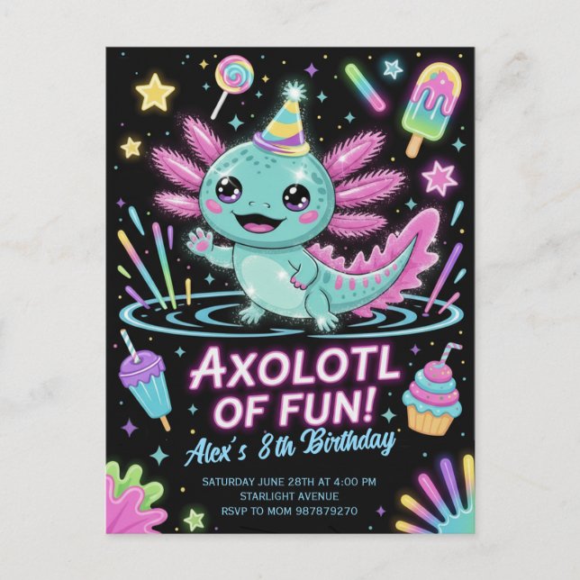 Convite de Aniversário de Axolote Adorável (Frente)