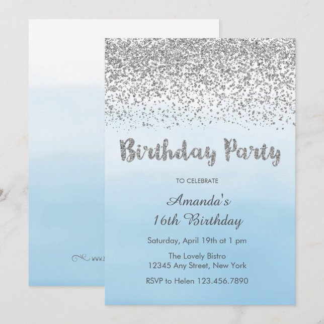 Convite de Aniversário de Azul Suave e Prata (Frente/Verso)