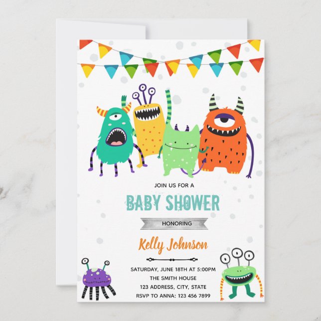 Convite de aniversário de baby shower de monstro (Frente)