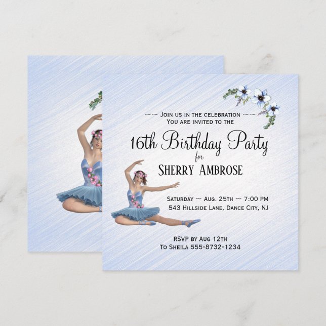 Convite de Aniversário de Bailarina Azul (Frente/Verso)