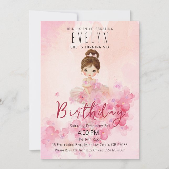 Convite de Aniversário de Bailarina com Tutu Fofa (Frente)