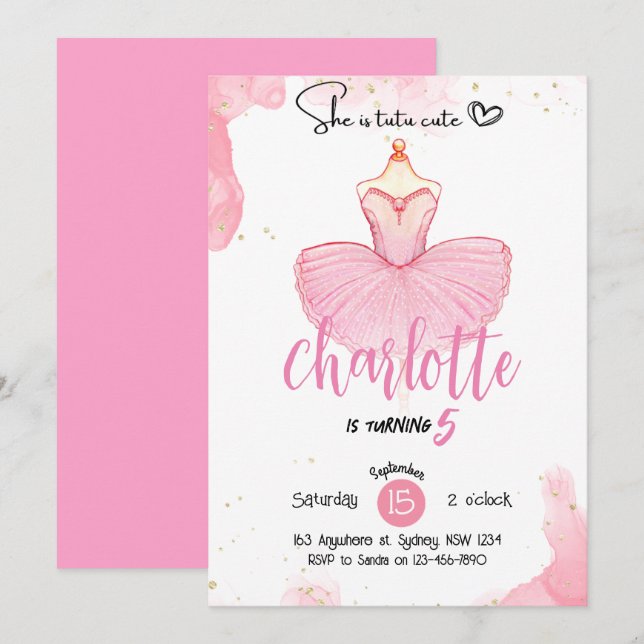 convite de aniversário de Ballet tutu fofo (Frente/Verso)