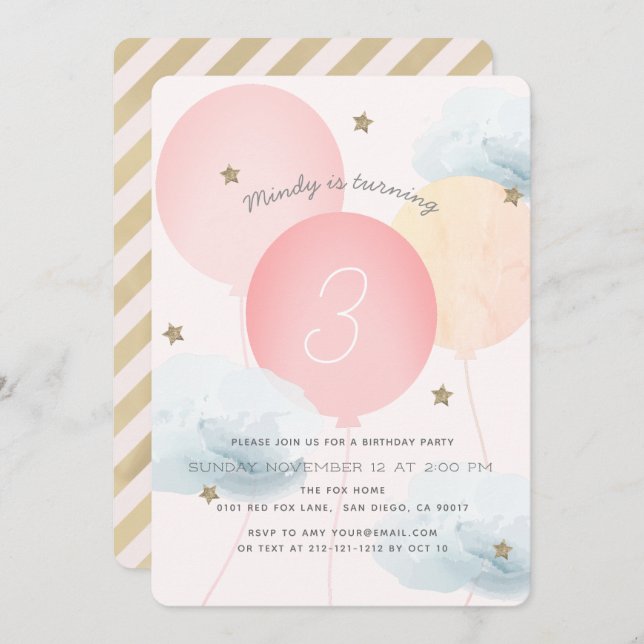 Convite de aniversário de Balões e Nuvens Rosa (Frente/Verso)