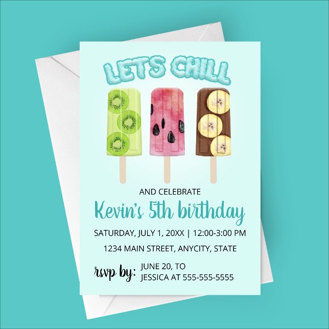 Convite de aniversário de Bares de Fruta de vamos (Let's Chill Birthday Party Invitation - Fruit Popsicle - Kiwi, Watermelon and Banana )