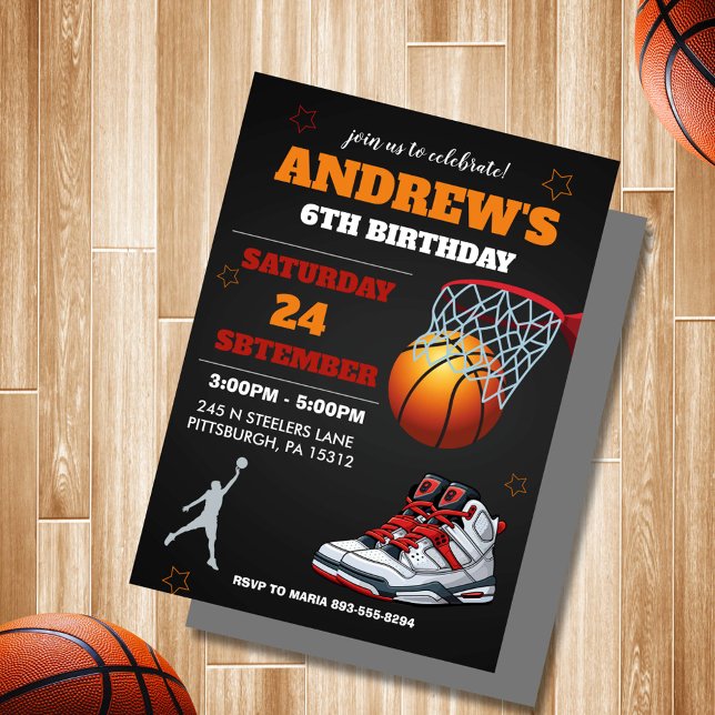 Convite de Aniversário de Basquete Laranja Preto (modern black and orange bascketball birthday invitation)