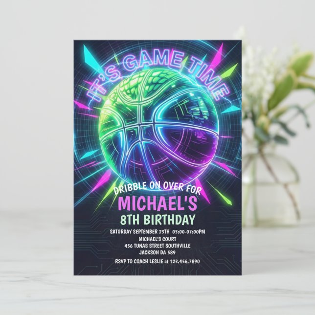 Convite de Aniversário de Basquete Neon (Em pé/Frente)