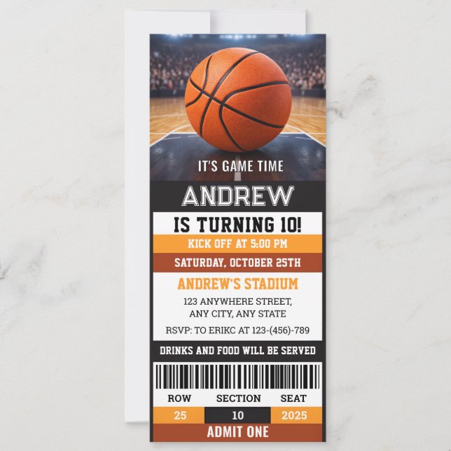 Convite de Aniversário de Basquete Personalizado  (Frente)
