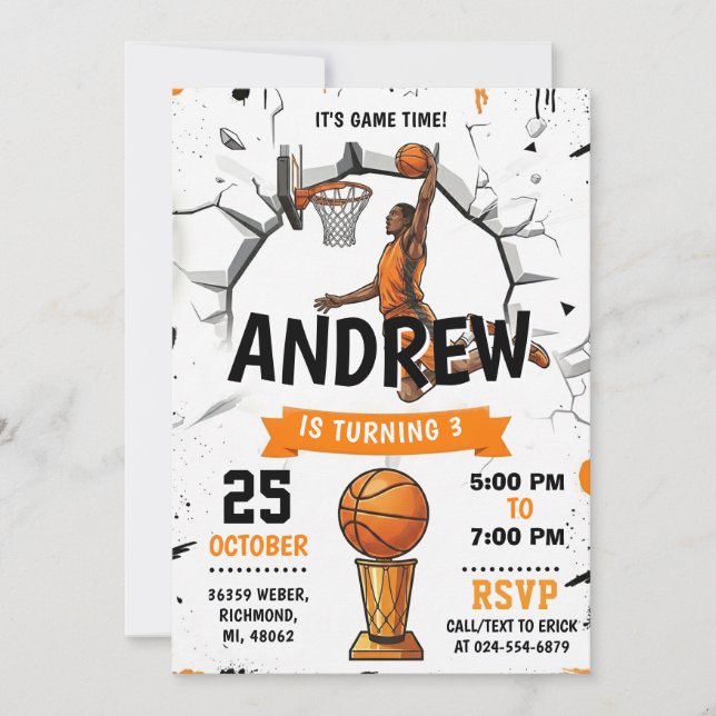 Convite de Aniversário de Basquete Pessoal (Frente)